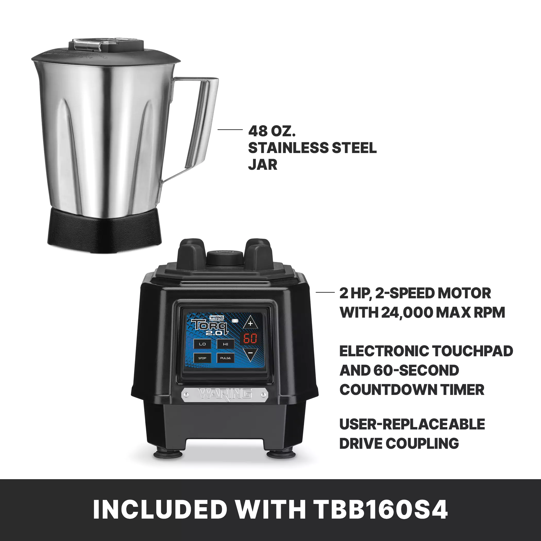 Torq 2.0 Blender with Electronic Touchpad Controls and Timer and 48 oz. Stainless Steel Jar